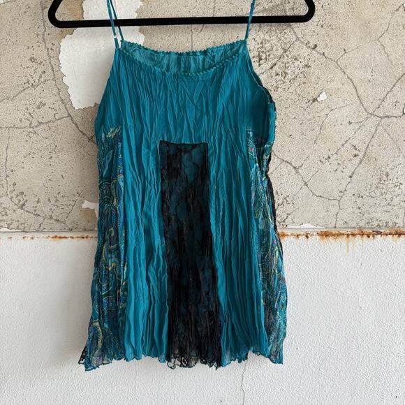 Fairycore Y2K Boho Flowy Top Sheer Lace Trim Teal Paisley Crinkle Size Small - Picture 4 of 6